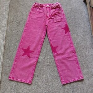 Girls Pink Celestial Star Wide Leg Jeans 11 Patchwork Y2K Bold Barbiecore